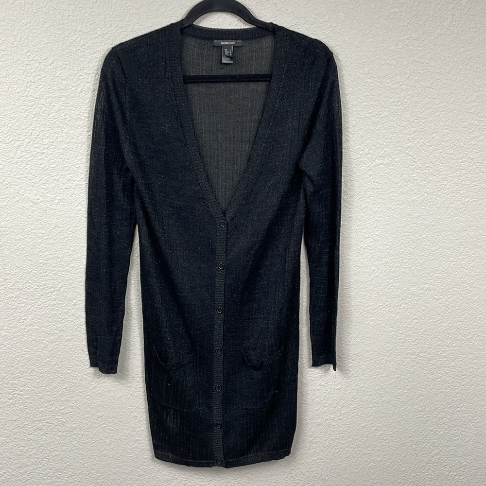 Mango Suit Black Sparkle Longline Cardigan  V Neck Lightweight Sheer Layer Sz L